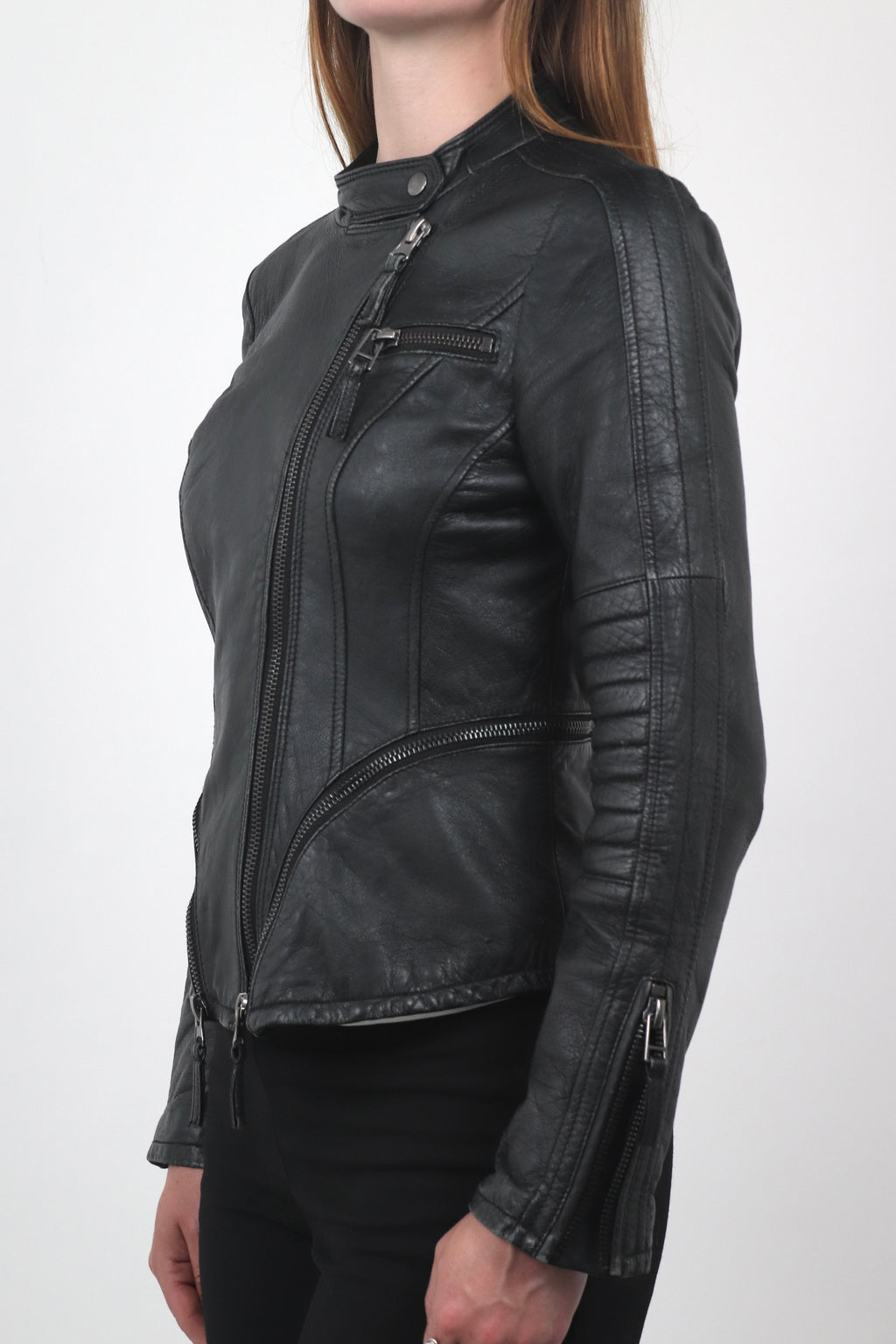 Fitted Asymmetric Zip Leather Biker Jacket