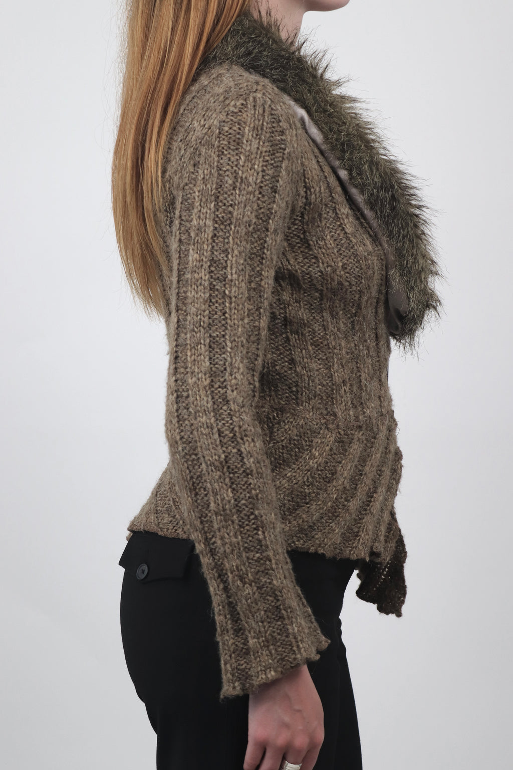 Fur Trim Cardigan With Buckle Fastening