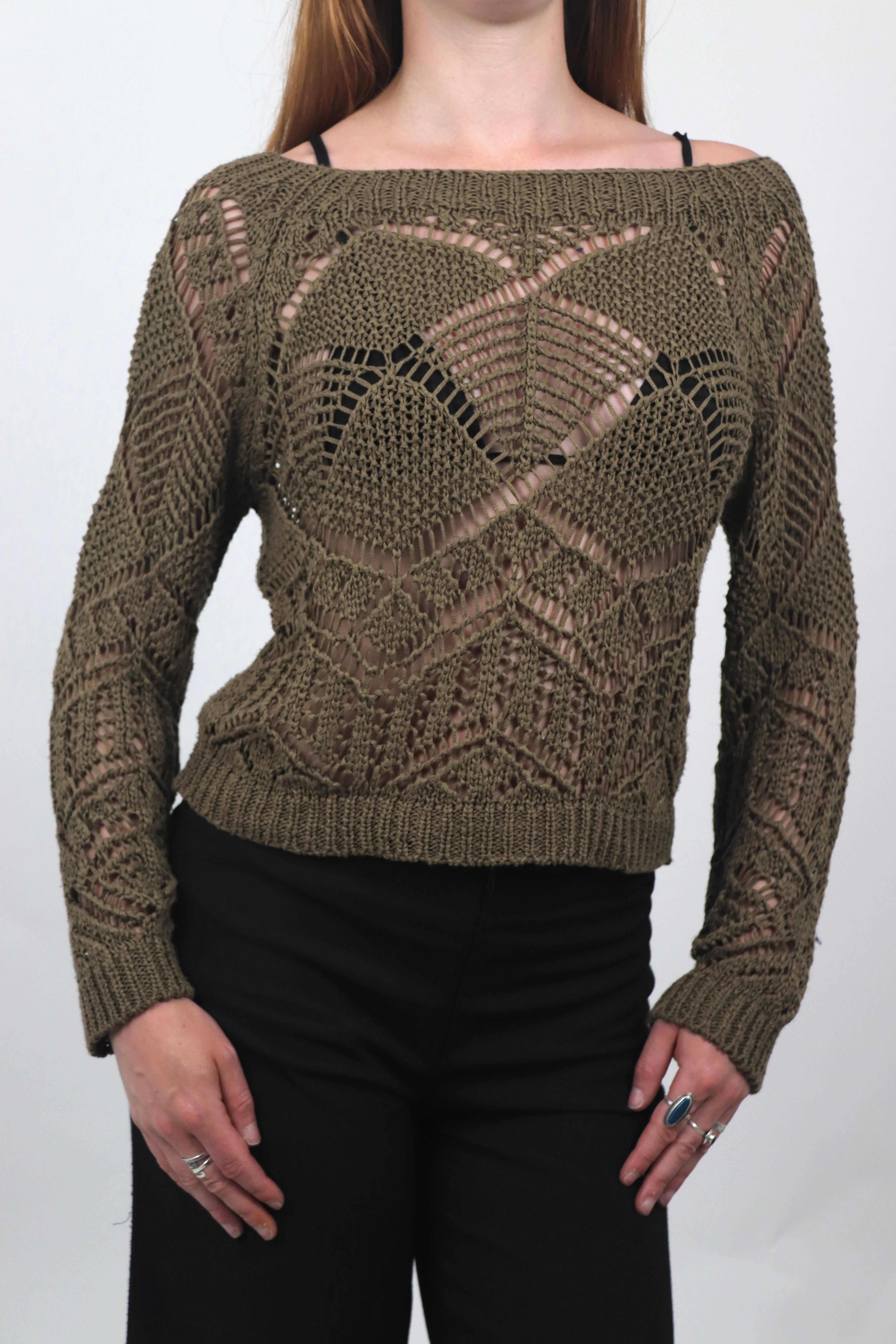 Khaki Off-the-Shoulder Crochet Jumper