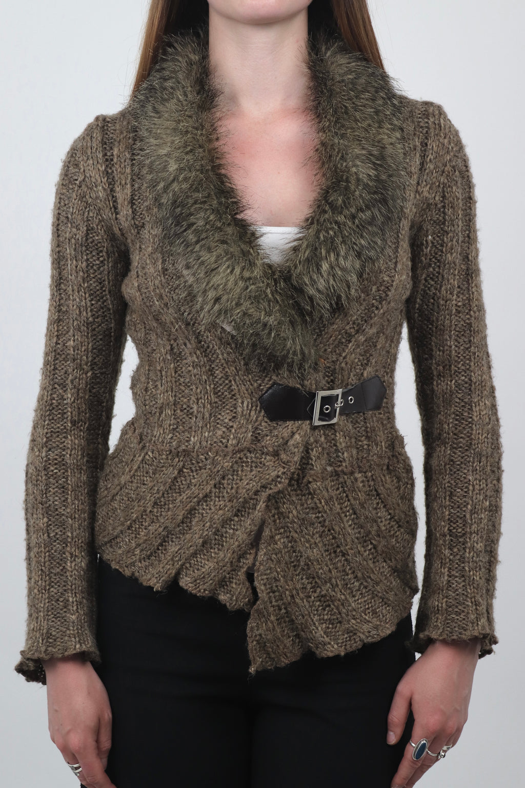 Fur Trim Cardigan With Buckle Fastening
