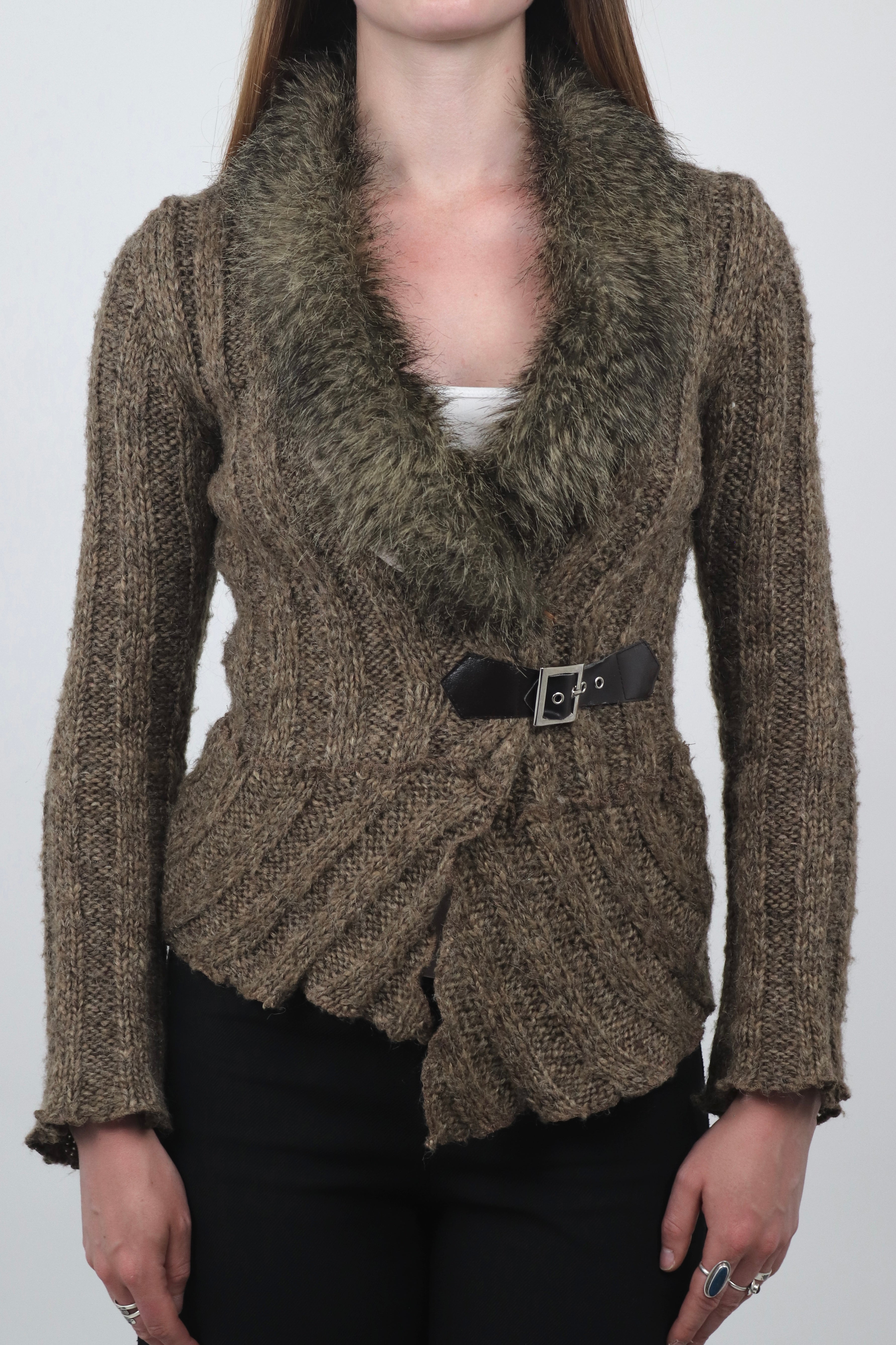 Fur Trim Cardigan With Buckle Fastening