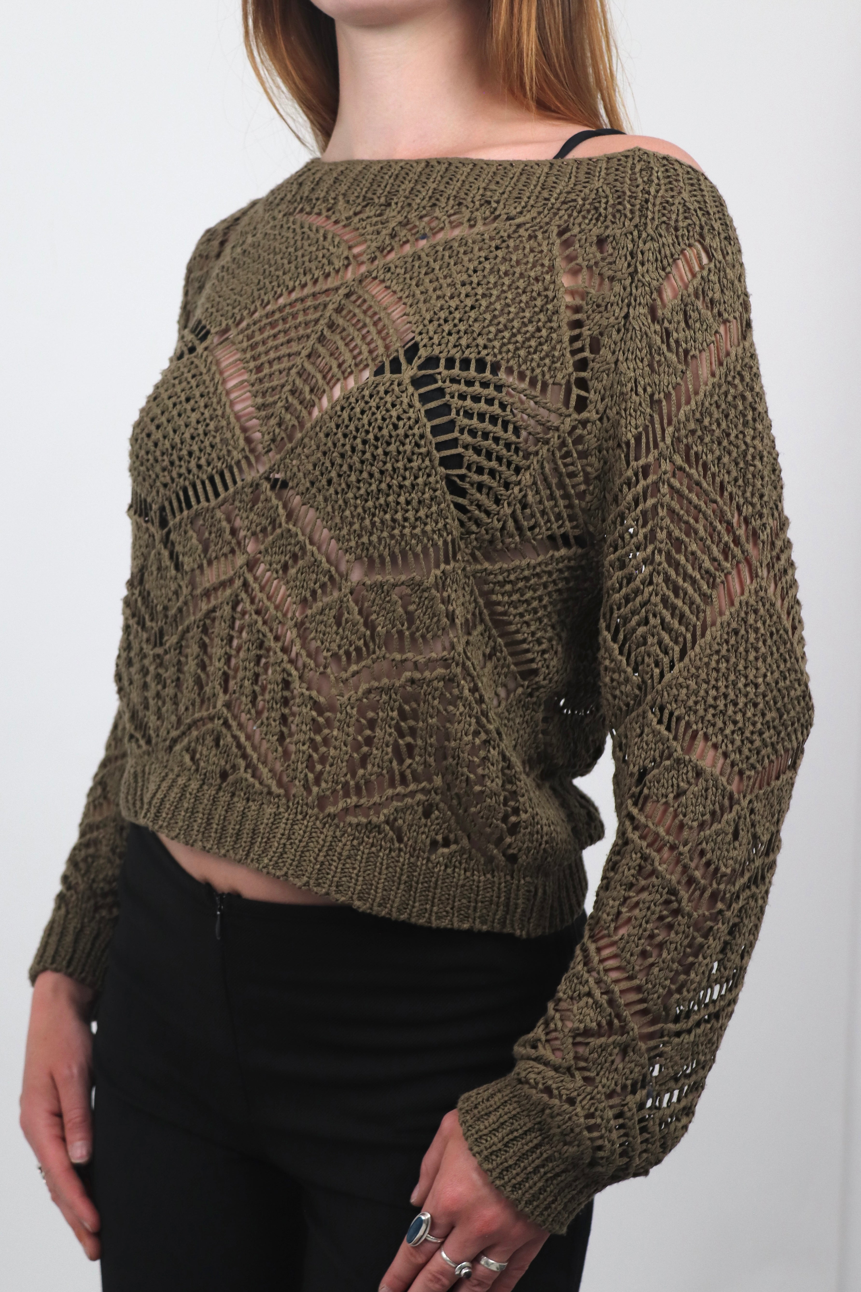 Khaki Off-the-Shoulder Crochet Jumper