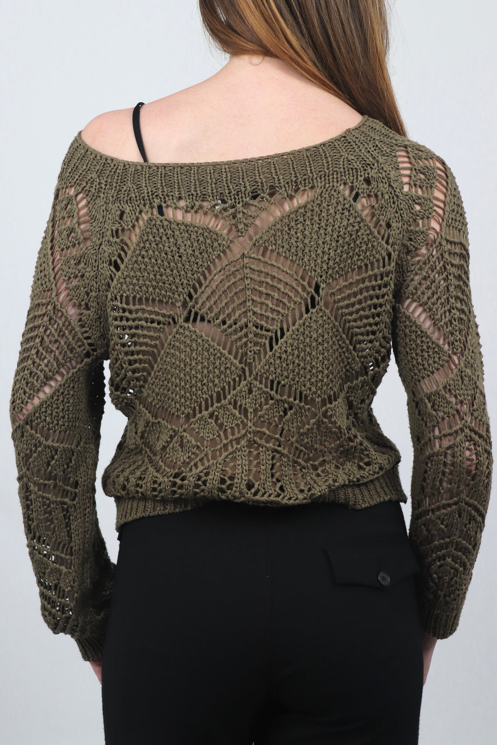 Khaki Off-the-Shoulder Crochet Jumper
