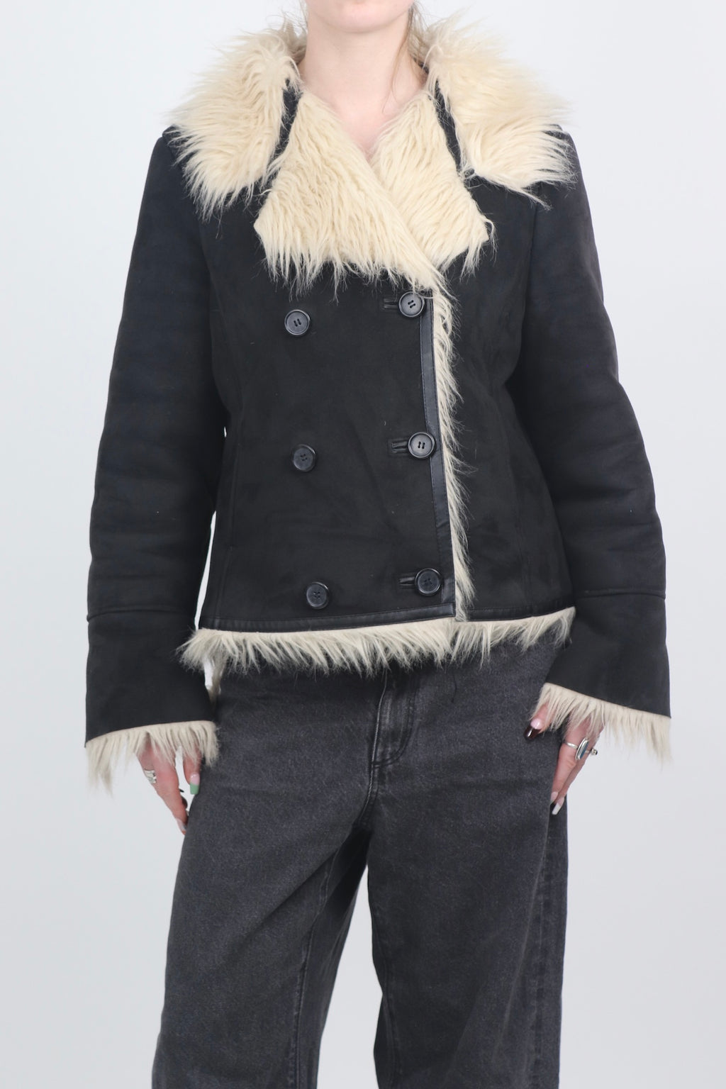 WE Fur Collar Black Double Breasted Afghan