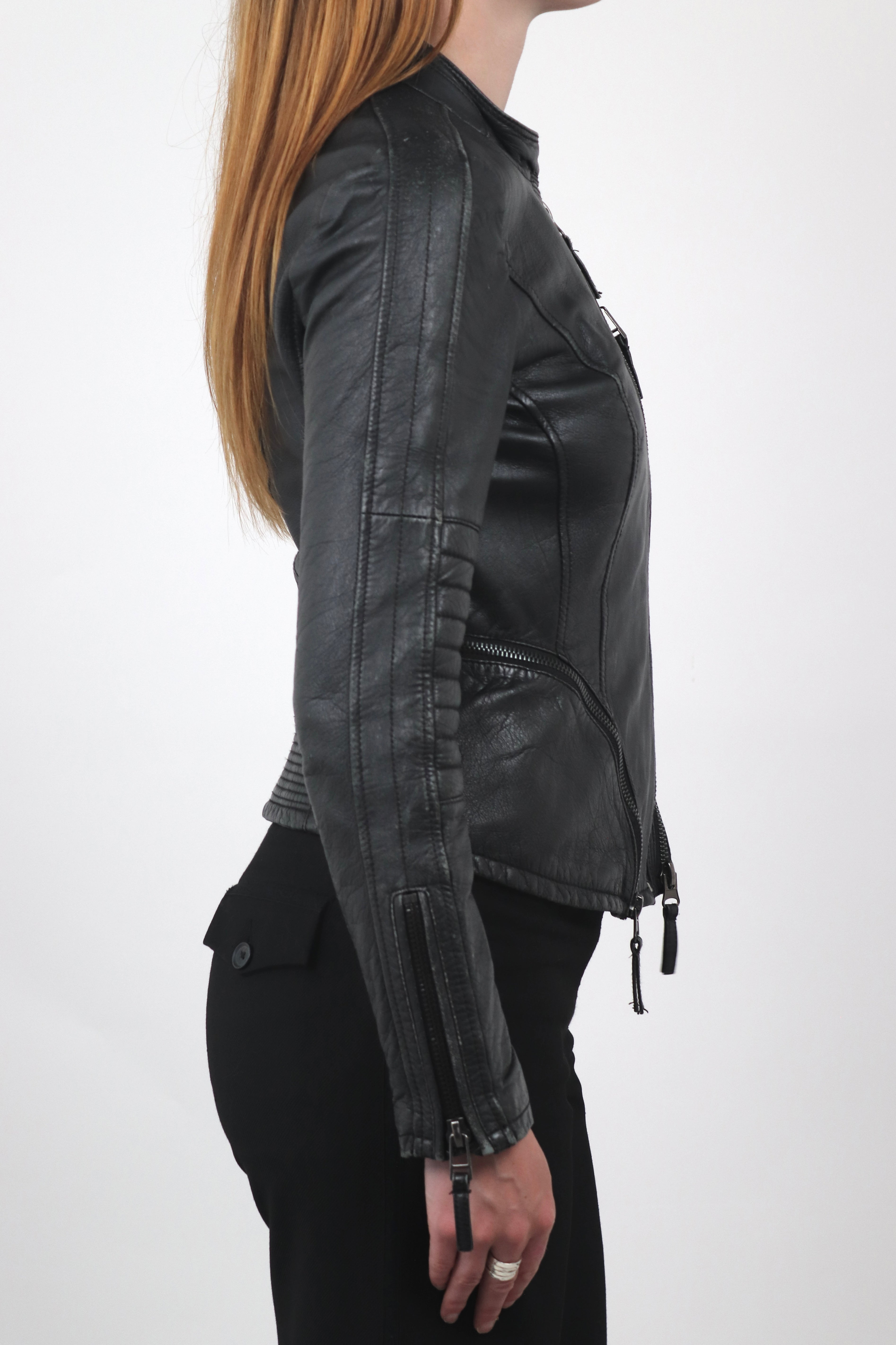 Fitted Asymmetric Zip Leather Biker Jacket