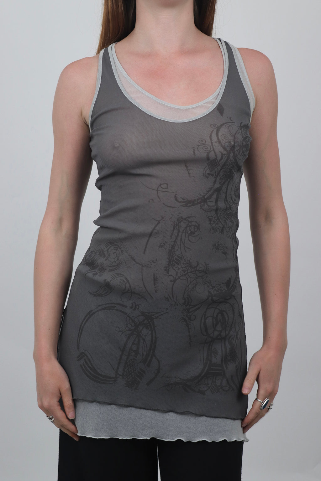 Double Layered Tattoo Print Mesh Dress