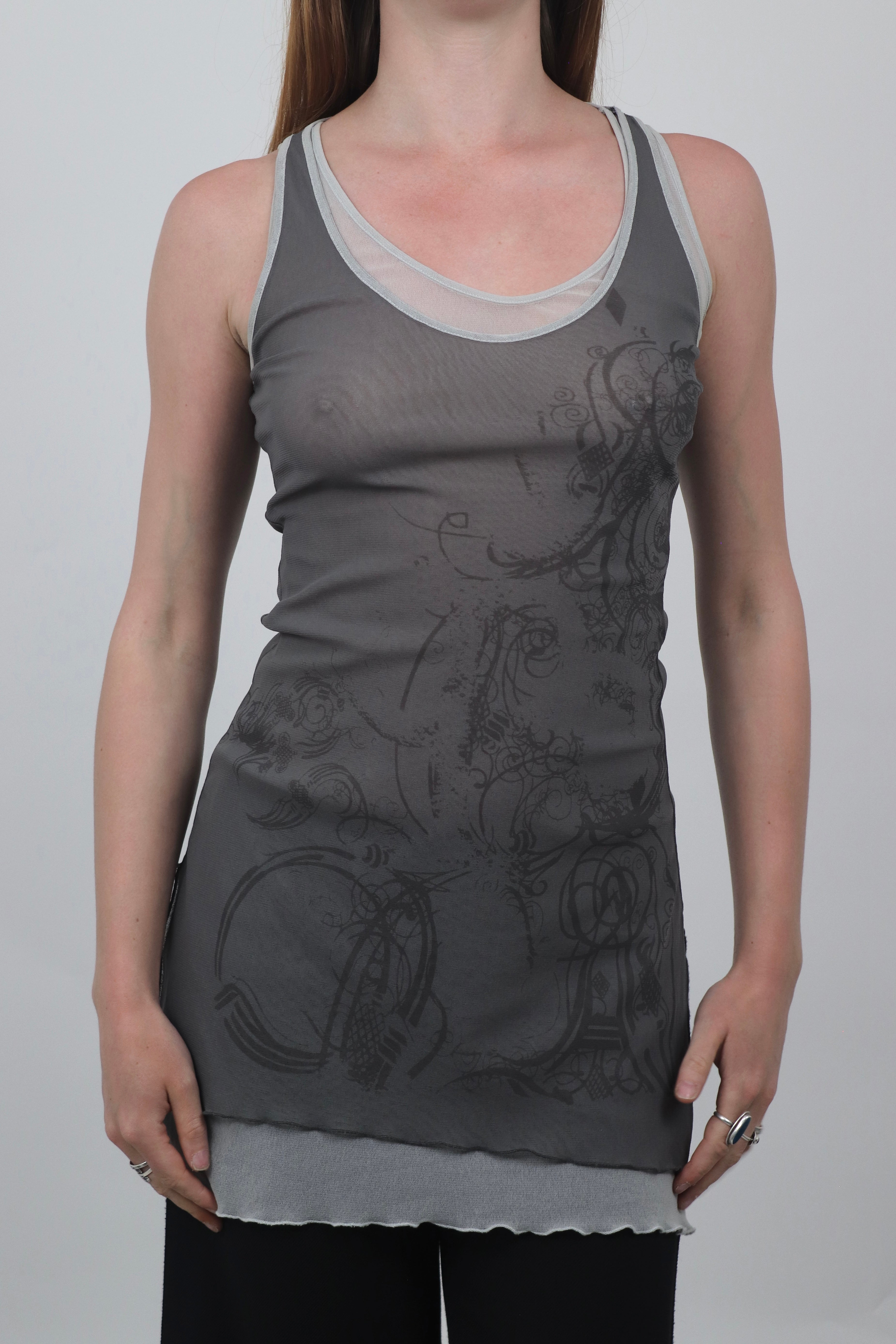 Double Layered Tattoo Print Mesh Dress