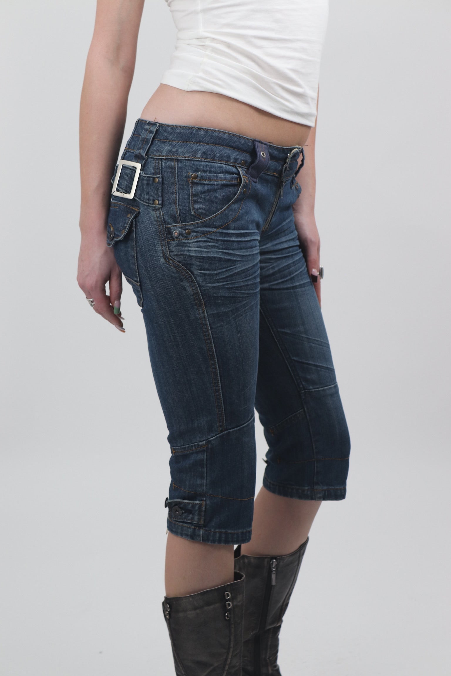Jean Star Blue Denim Buckle Capris