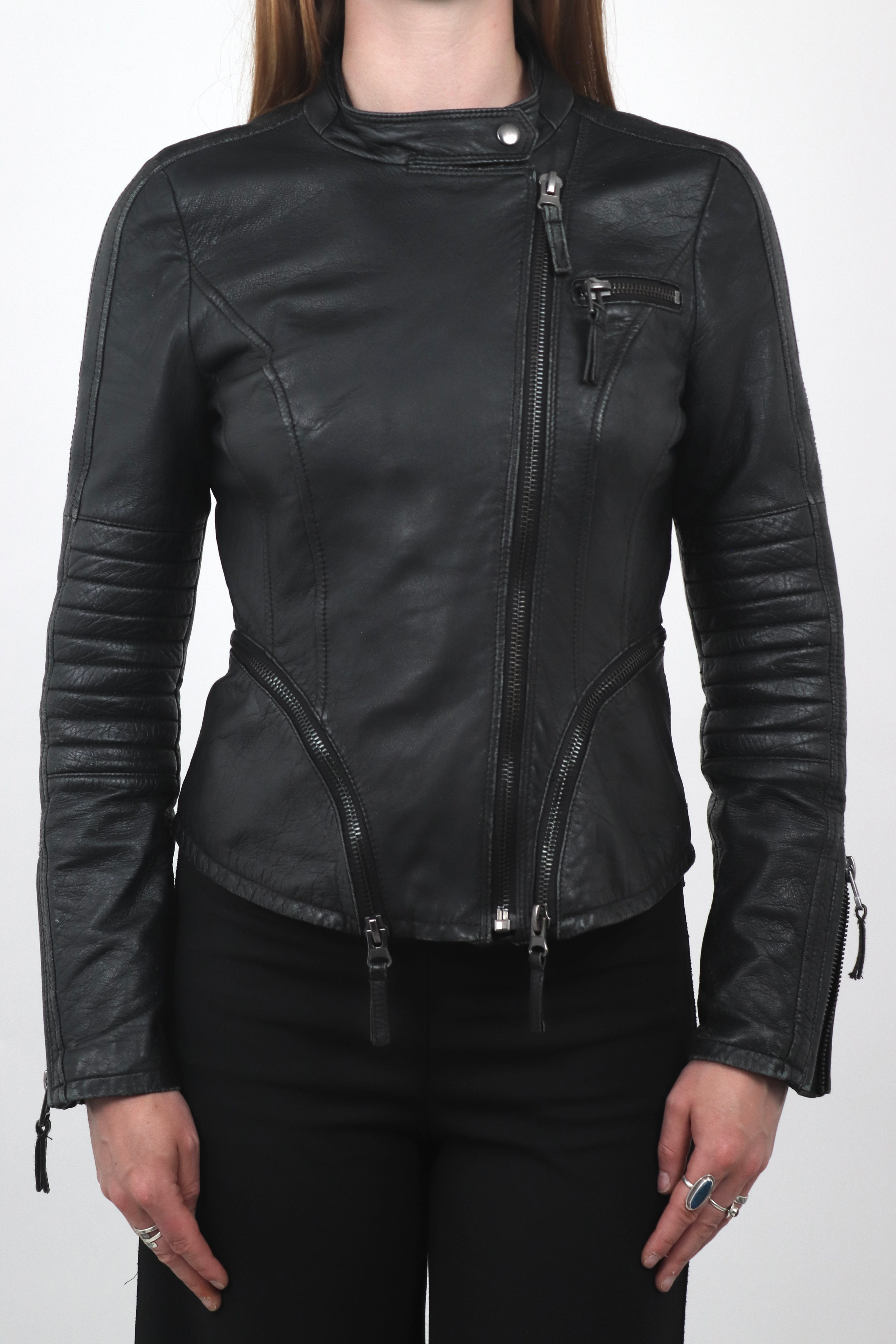 Fitted Asymmetric Zip Leather Biker Jacket