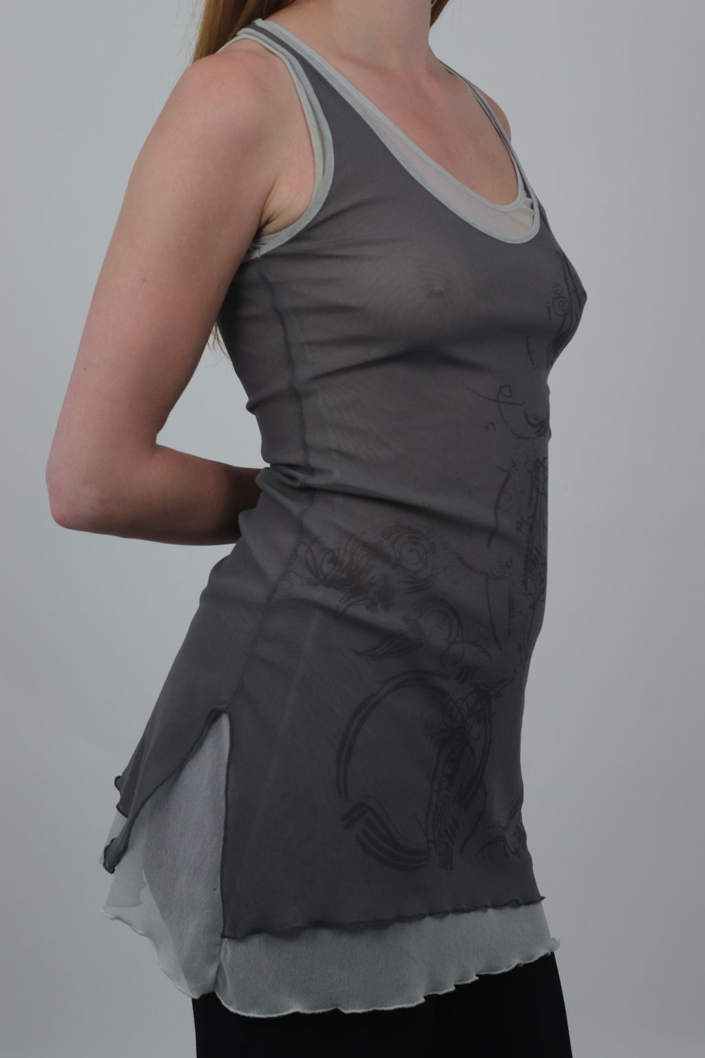 Double Layered Tattoo Print Mesh Dress