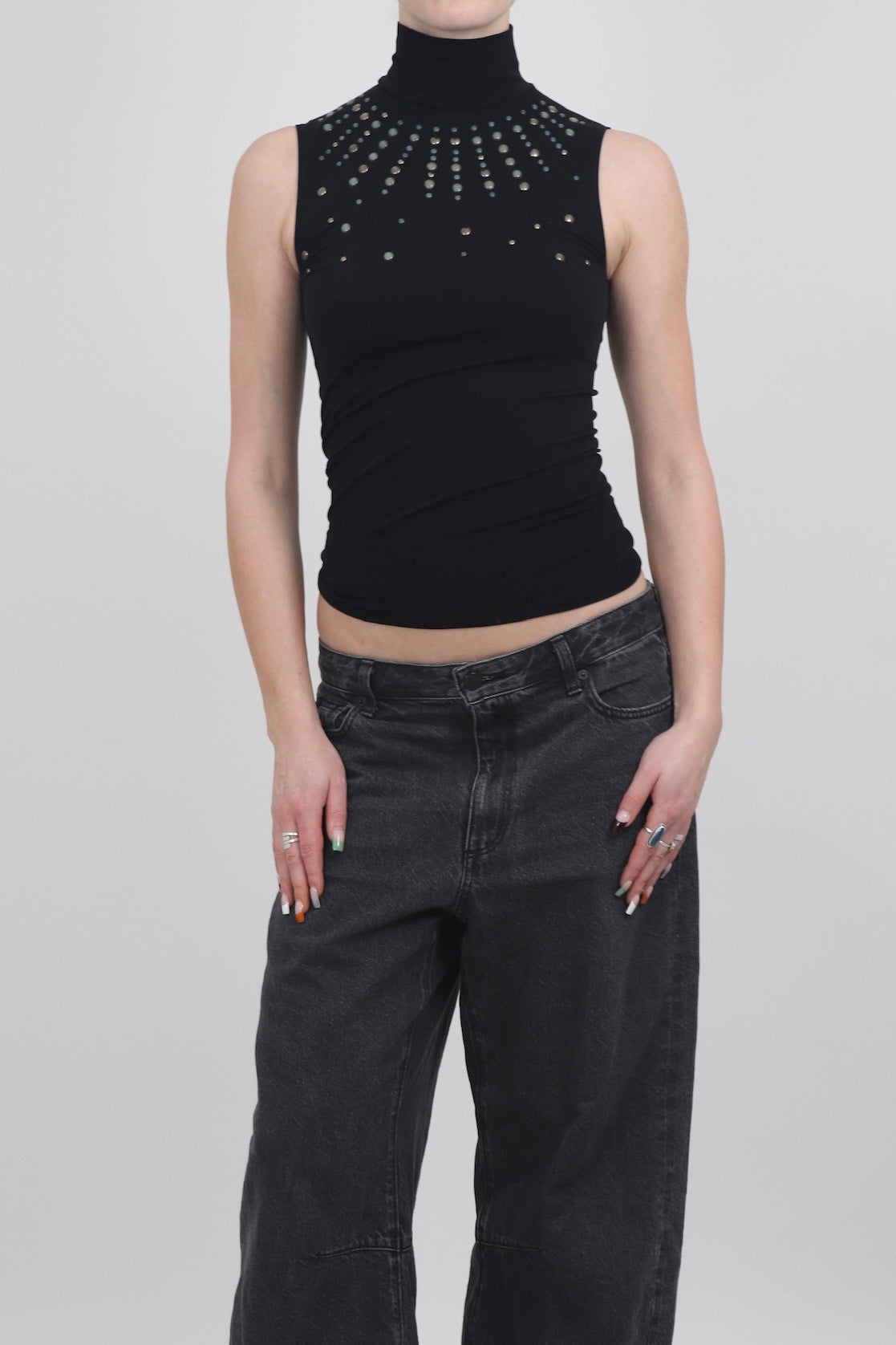 Studded Turtle Neck Sleeveless Top
