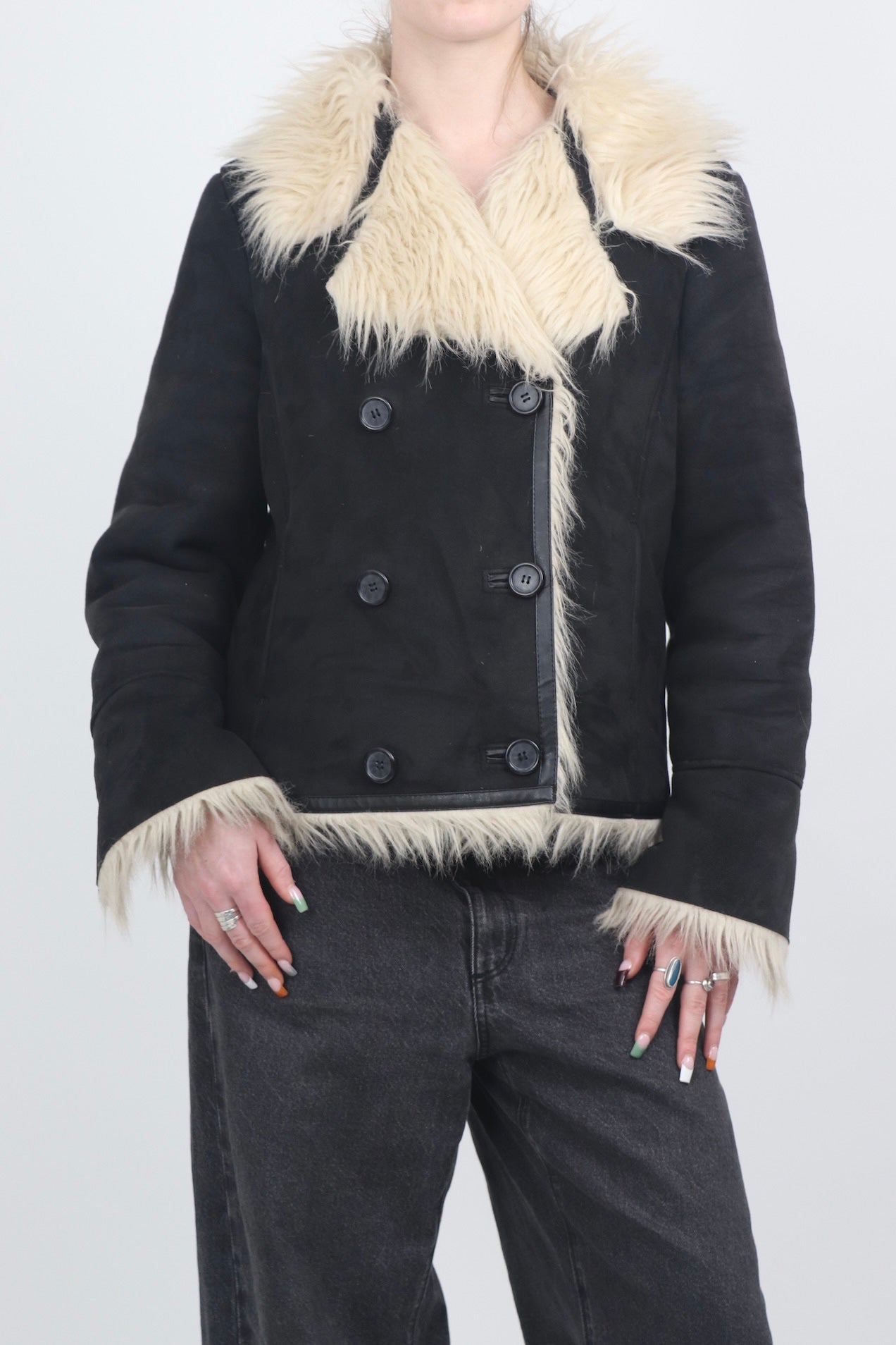 WE Fur Collar Black Double Breasted Afghan